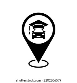 driving school location map pointer, automobile with a graduation hat on icon with location pin, black symbol isolated on white background, simple vector marker