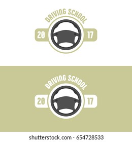 Driving school logo. Auto Education vector icon. Steering wheel with company name. 