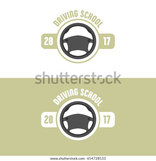 Driving school logo. Auto Education vector\
icon. Steering wheel with company name.\
