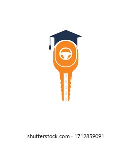 Driving school logo design. Car key with road, steering wheel and graduation cap icon.