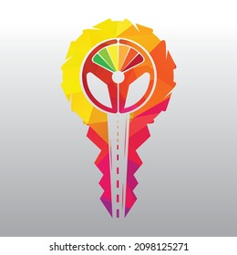 Diseño del logo de la escuela de conducción. Llave de coche con el icono de la carretera y del volante.