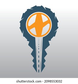 Driving school logo design. Car key with road and tyer icon.