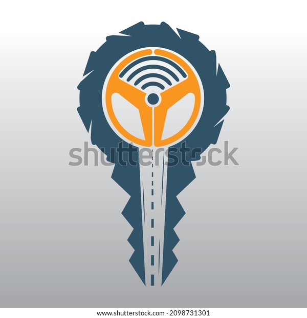 Driving school logo design. Car key with road and\
steering wheel icon.