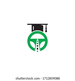 Driving school logo design.  Steering wheel with road and graduation cap icon.