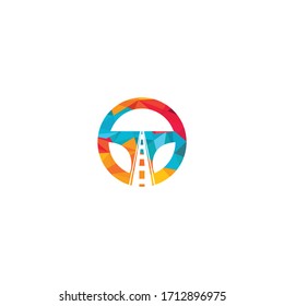 Driving school logo design. Steering wheel and road icon.