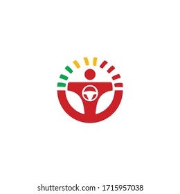 Driving school logo design. Steering wheel with road and speedometer logo.