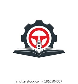 Driving school logo design. Steering wheel with Cog and book  icon.