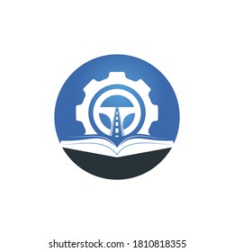 Driving school logo design. Steering wheel with Cog and book  icon.