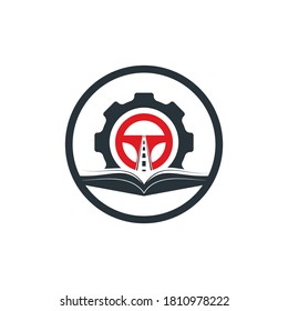 Driving school logo design. Steering wheel with Cog and book icon.