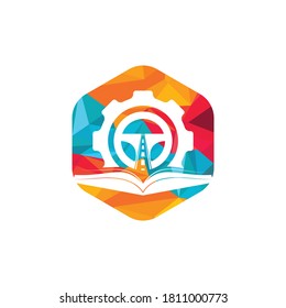 Driving school logo design. Steering wheel with Cog and book  icon.