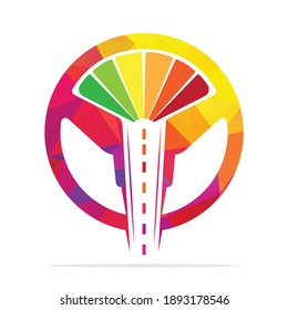 Design des Führerzeichens der Schule. Lenkradweg und Geschwindigkeitsmesser, Vektorsymbol.	