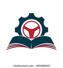 Driving school logo design. Steering wheel with Cog and book icon.