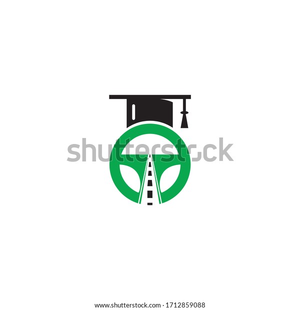 Driving school logo design.  Steering wheel with\
road and graduation cap\
icon.