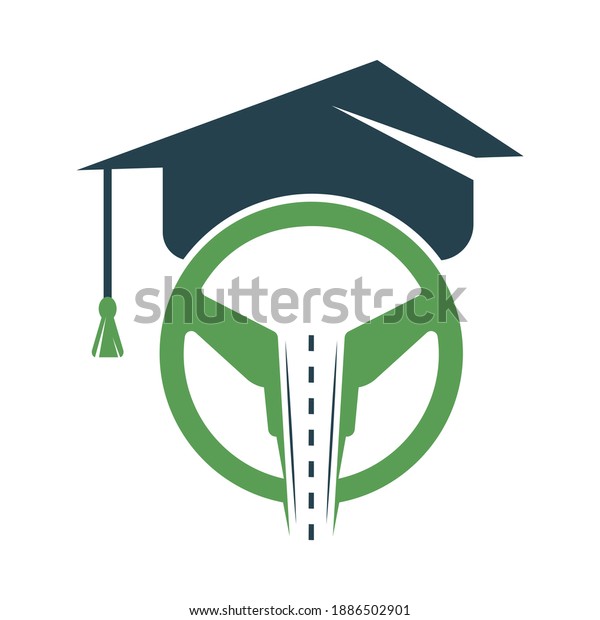 Driving school logo design. Steering wheel road and\
graduation cap vector\
icon.