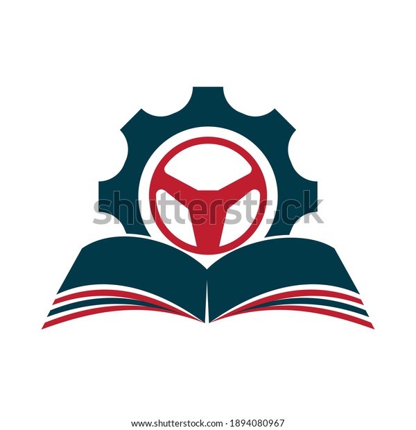 Driving school logo design. Steering wheel with Cog\
and book icon.