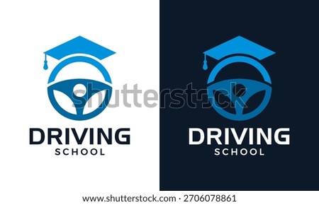 Driving school logo design template illustration. Steering wheel concept vector design with Graduate hat symbol graphic icon