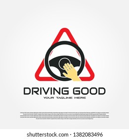 Driving school logo. hands on the car horn with road signs. driving Training. steering wheel. vehicle. illustration element - Vector