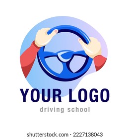 Logo de la escuela de conducción. Manos en el volante, entrenamiento de conducción de coches. Elemento vector plano para logotipo, emblema para autoempresa.