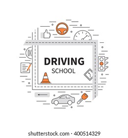 Driving school logo template with auto, education, road symbols. Modern line style. 