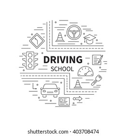 Driving school logo template with auto, education, road symbols. Modern line style. 