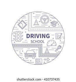 Driving school logo template with auto, education, road symbols. Modern line style. 