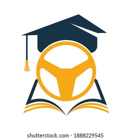 Driving school Logo Template Design. Steering wheel with graduation cap and book icon.