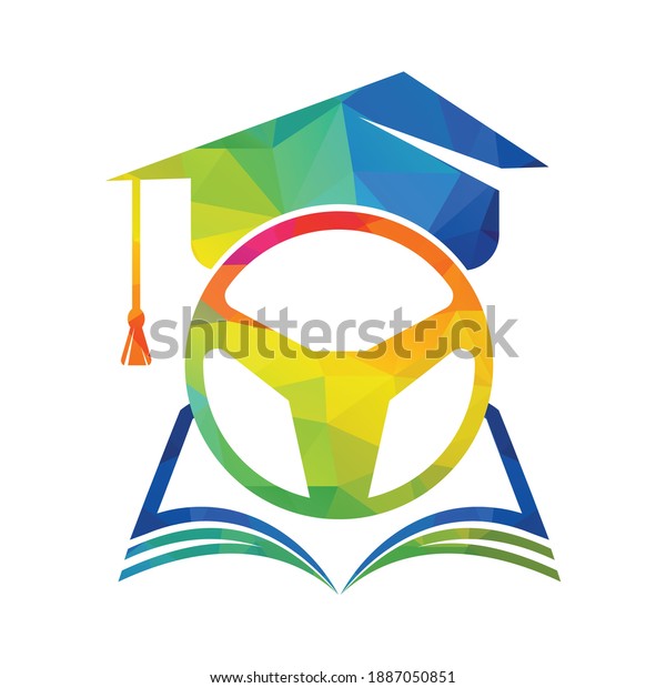Driving school Logo Template Design. Steering\
wheel with graduation cap and book\
icon.