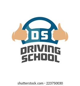 Driving school logo template. Steering wheel with thumbs up hand