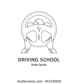 Driving school logo template. Vector illustration in modern linear style.