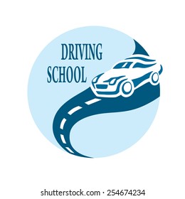 Driving school logo vector. Car on the road