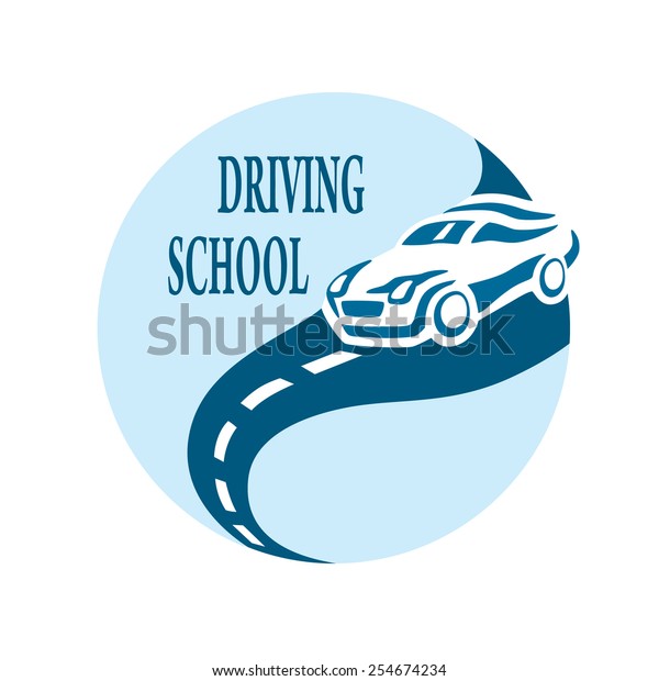 Driving school logo\
vector. Car on the\
road