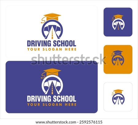driving school logo vector illustration template with steering and road icon flat design