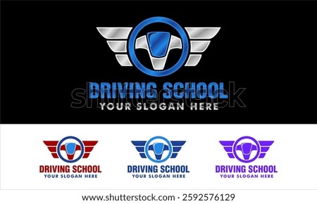 driving school logo vector illustration template with steering and road icon flat design
