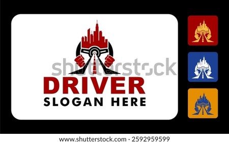driving school logo vector illustration template with steering and road icon flat design