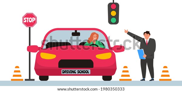 driving school man instructor testing a\
woman driver in the car   vector\
illustration
