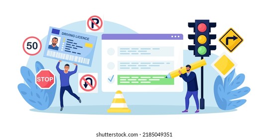 Driving School. Man Passing Exam For Getting Driver Licence. People Learning Traffic Rules, Driving Car With Instructor. Person With ID Card. Driver Education, Online Lessons, International Permit