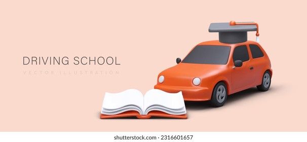 Driving school. Obtaining license to drive car. 3D car in graduate cap, opened book. Commercial poster for driving courses, schools, advertising instructor, teacher services. Training tests