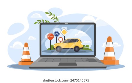 Driving school online. Laptop with car near traffic signs. Lessons for drivers. Distant education, learning and training. Driving course. Cartoon flat vector illustration isolated on white background