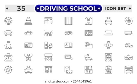 Driving School Outline Icon Set – Cars, Traffic, Education, and Transportation.

