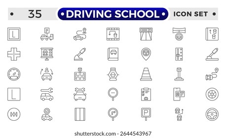 Conjunto de Ícones de Estrutura da Escola de Condução - Carros, Trânsito, Educação e Transporte.
