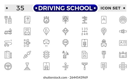 Conjunto de Ícones de Estrutura da Escola de Condução - Carros, Trânsito, Educação e Transporte.
