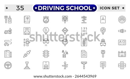 Driving School Outline Icon Set – Cars, Traffic, Education, and Transportation.
