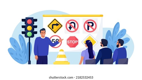 Driving school. People studying traffic rules, road signs at driving lesson and passing exams. Students learning to drive safety. Instructor teaches beginners drivers for receiving driving license