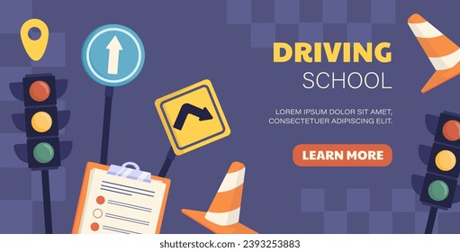 Driving school poster. Eductaion for drivers. Rules of safety at road. Orange traffic cone and roadsign, traffic light. Graphic element for website. Cartoon flat vector illustration