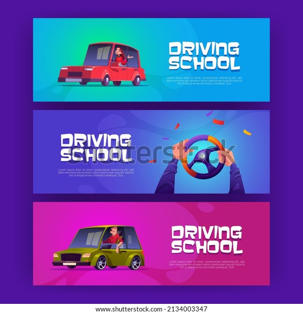Driving school posters with man and woman sitting\
in cars. Vector banners of education and test for driver license\
with cartoon illustration of happy people in vehicle and hands on\
steering wheel