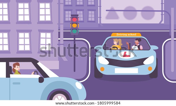 Driving school practice background with exam\
symbols flat vector\
illustration