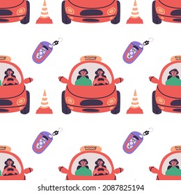 Driving school seamless pattern. Young woman drive little red car with instructor. Flat vector modern isolated illustration in trendy colors.