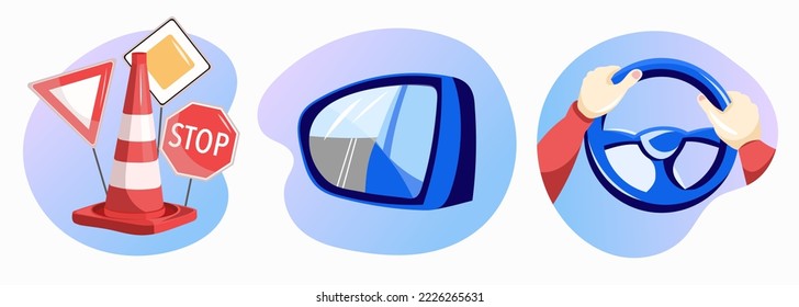 Driving school set. Cars mirror, Hands on the steering wheel, Road sign collection. Traffic laws, Pass the driving exam. Flat vector illustration.