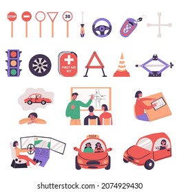 Driving School Set Concepts With People, Different Elements. Stages Education, Learning At Lesson, Online Test, Simulation And Instructor Driving, Receiving Driver's Licence. Flat Vector Illustration.