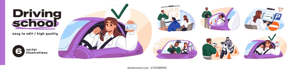 Driving school set. Education at drivers' courses. People are learning traffic rules in lecture, riding on road with instructor for test of car license. Flat isolated vector illustrations on white
